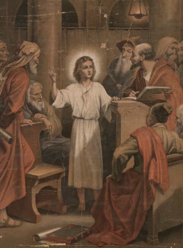 Jezus als twaalfjarige in de tempel - Katholieke stockfoto's