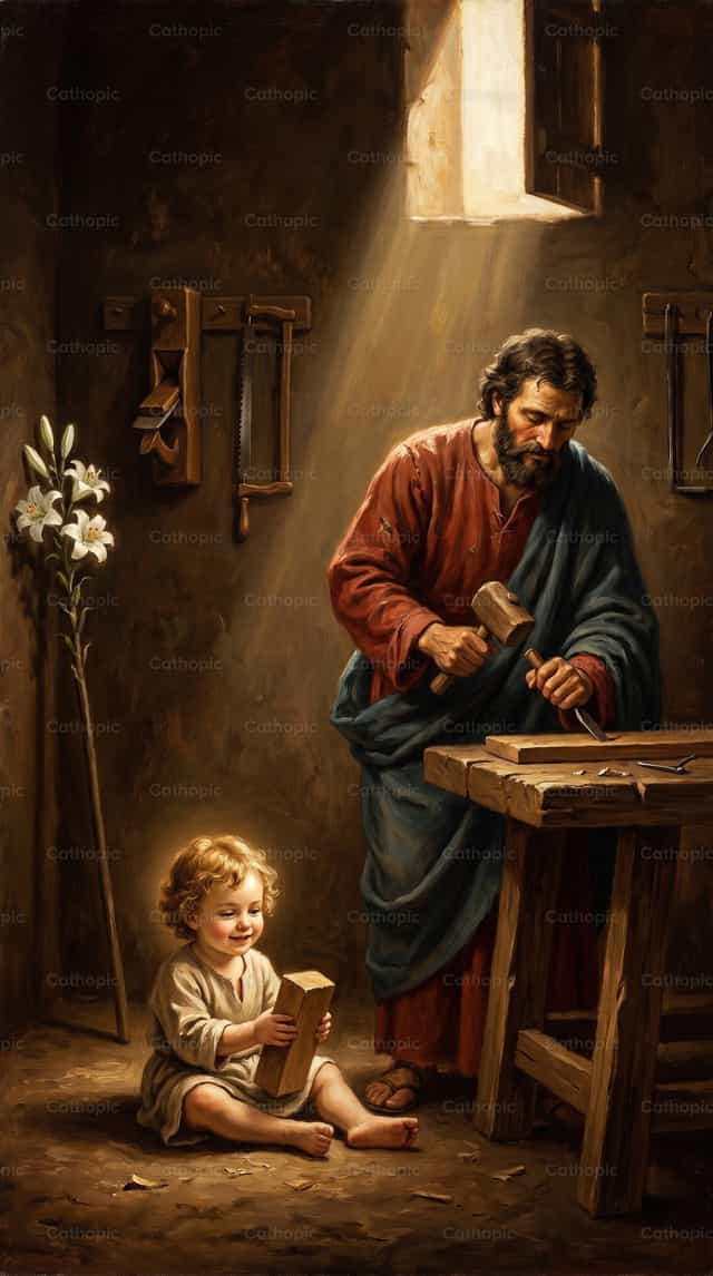 Sint Jozef en het Kind Jezus in het atelier van de timmerman - Katholieke stockfoto's - Foto door Carlos Daniel