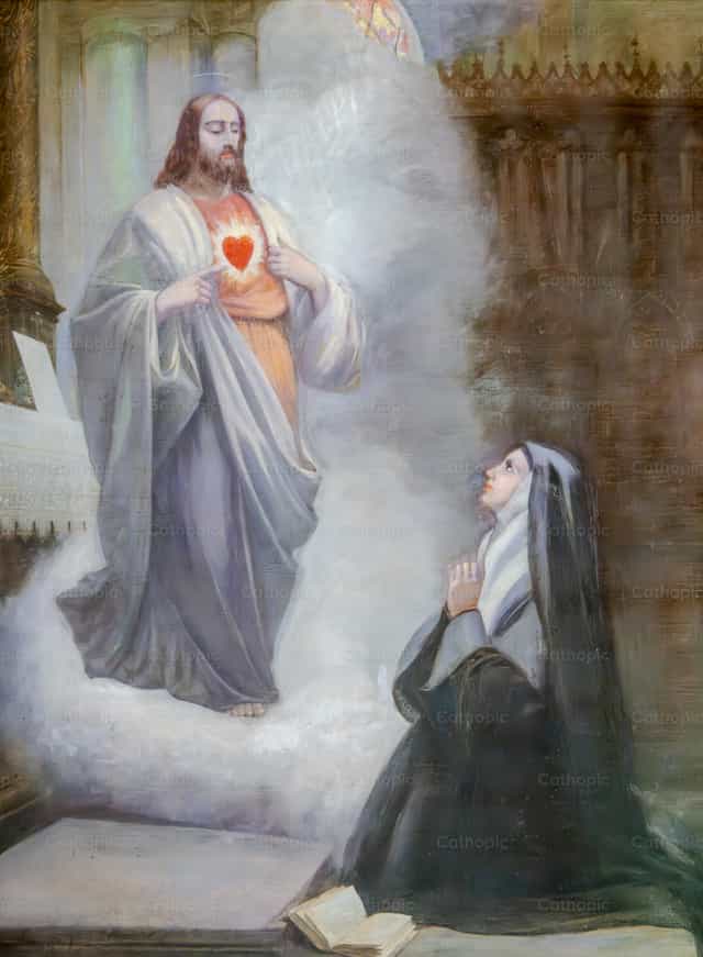 Pangitain ng Banal na Puso ni Hesus kay Santa Margaret Mary Alacoque - Mga Catholic stock image - Larawan ni Joan Sutter
