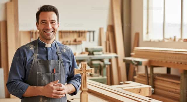 Un sacerdote con mono trabajando en un taller de carpintería - Banco de imágenes católicas