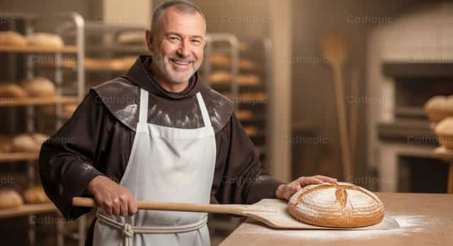 Franziskanischer Ordensbruder mit frisch gebackenem Brot - Katholische Stockfotos - Foto von catholicmall.org