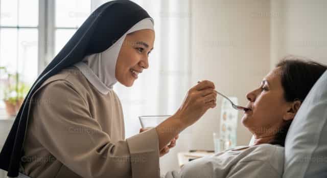 Carinho: Freira Alimentando uma Mulher Doente na Cama - Imagens católicas de stock - Foto de catholicmall.org