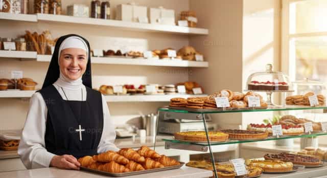 Religious Sister Attending a Pastry Shop - Catholic stock images