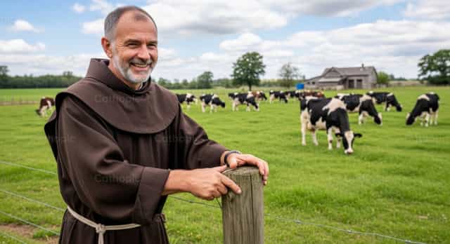 Franciscano reparando la valla de madera de una granja ganadera - Banco de imágenes católicas