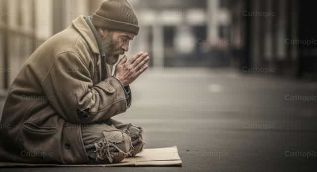 Fuerza silenciosa: una persona sin hogar rezando - Banco de imágenes católicas - Fotografía por catholicmall.org