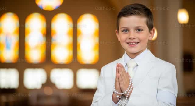 Ragazzo che fa la sua Prima Comunione - Immagini stock cattoliche