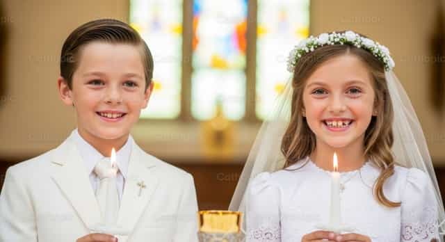 Chłopiec i dziewczynka przystępujący do Pierwszej Komunii - Katolickie zdjęcia stockowe - Zdjęcie: catholicmall.org