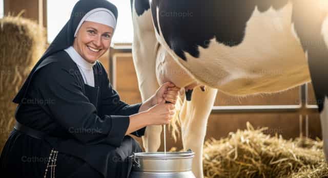 Religious Sister Milking a Cow - Catholic stock images