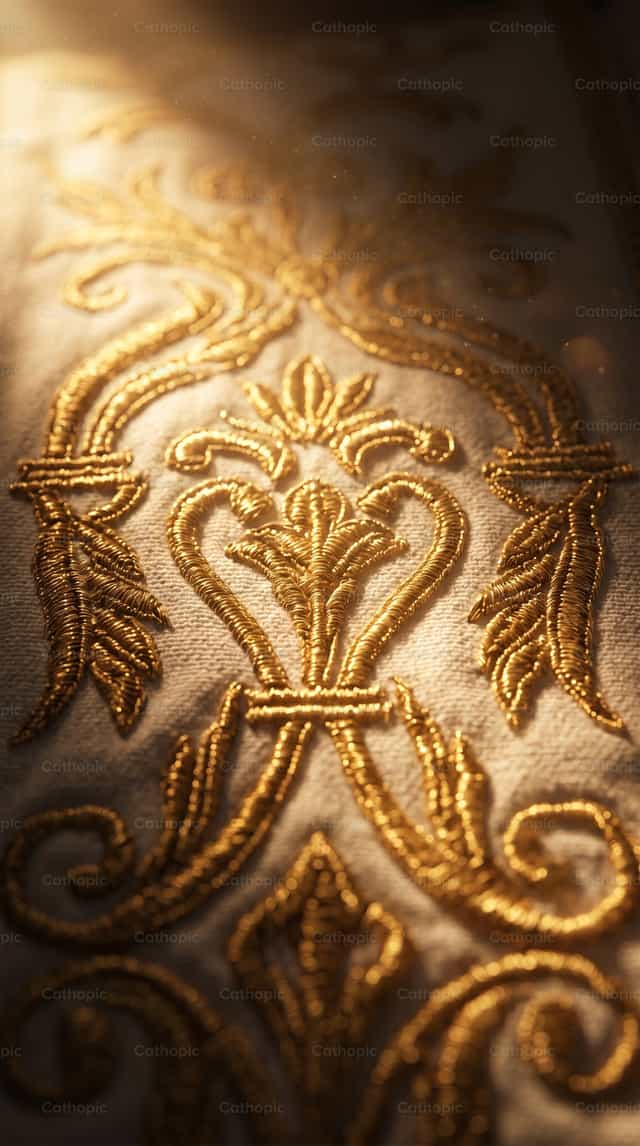 Close-up van een witte en gouden kazuifel - Katholieke stockfoto's