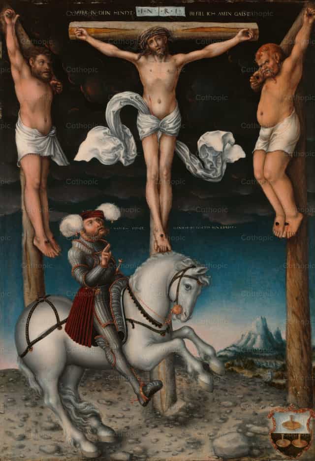 A megkeresztelt százados megtérésével ábrázolt keresztre feszítés - Katolikus stockképek - Fotó: Restored Christian Art