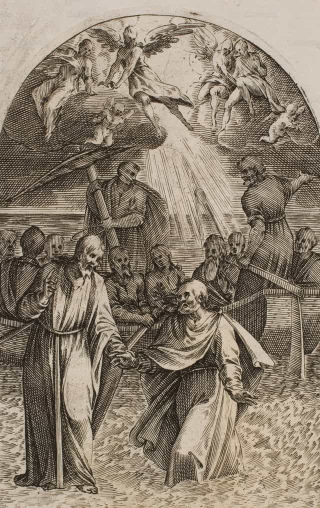 Gesù e san Pietro che camminano sulle acque - Immagini stock cattoliche