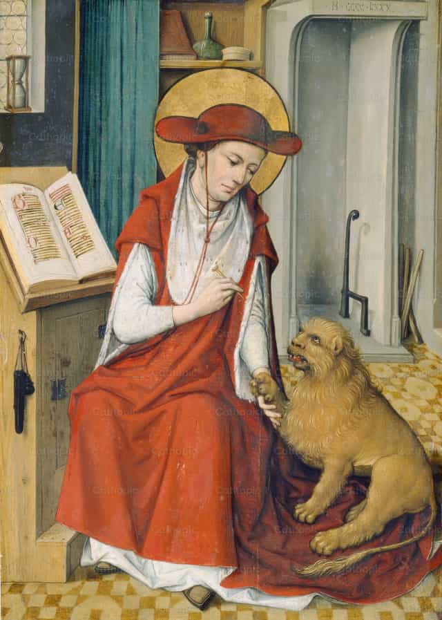 사자와 함께 공부하는 성 예로니모 - 가톨릭 스톡 이미지 - 사진 제공 Restored Christian Art