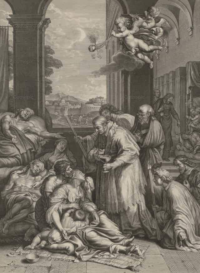 Ipinagkakaloob ni San Carlos Borromeo ang Komunyon sa mga biktima ng salot sa Milan - Mga Catholic stock image - Larawan ni Restored Christian Art