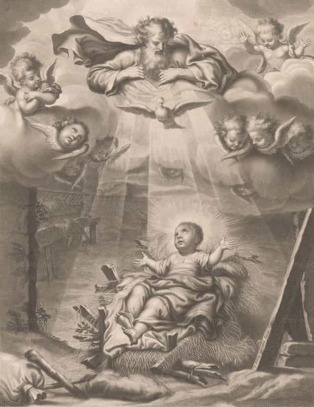 Chrystus w żłobie z Bogiem Ojcem i Duchem Świętym ponad Nim - Katolickie zdjęcia stockowe - Zdjęcie: Restored Christian Art