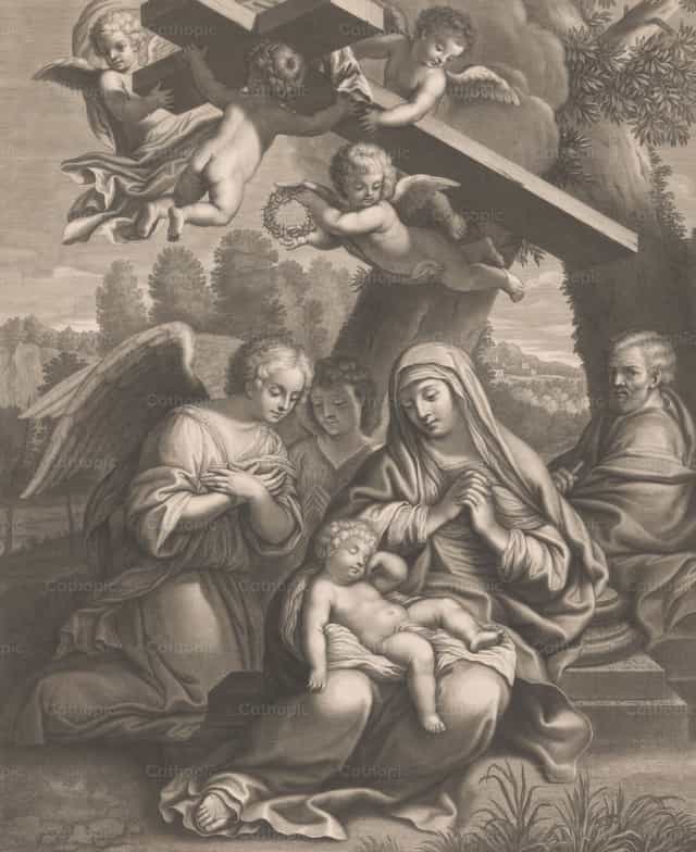 천사들이 경배하는 잠든 아기를 품은 성가정 - 가톨릭 스톡 이미지 - 사진 제공 Restored Christian Art