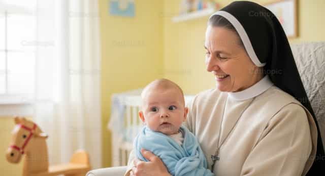 Une religieuse attentive à un bébé - Images catholiques de stock - Photo de catholicmall.org