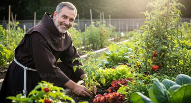 Ferences szerzetes gondoskodik a kertjéről - Katolikus stockképek - Fotó: catholicmall.org