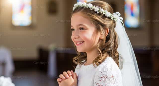 Una niña en su Primera Comunión - Banco de imágenes católicas - Fotografía por catholicmall.org