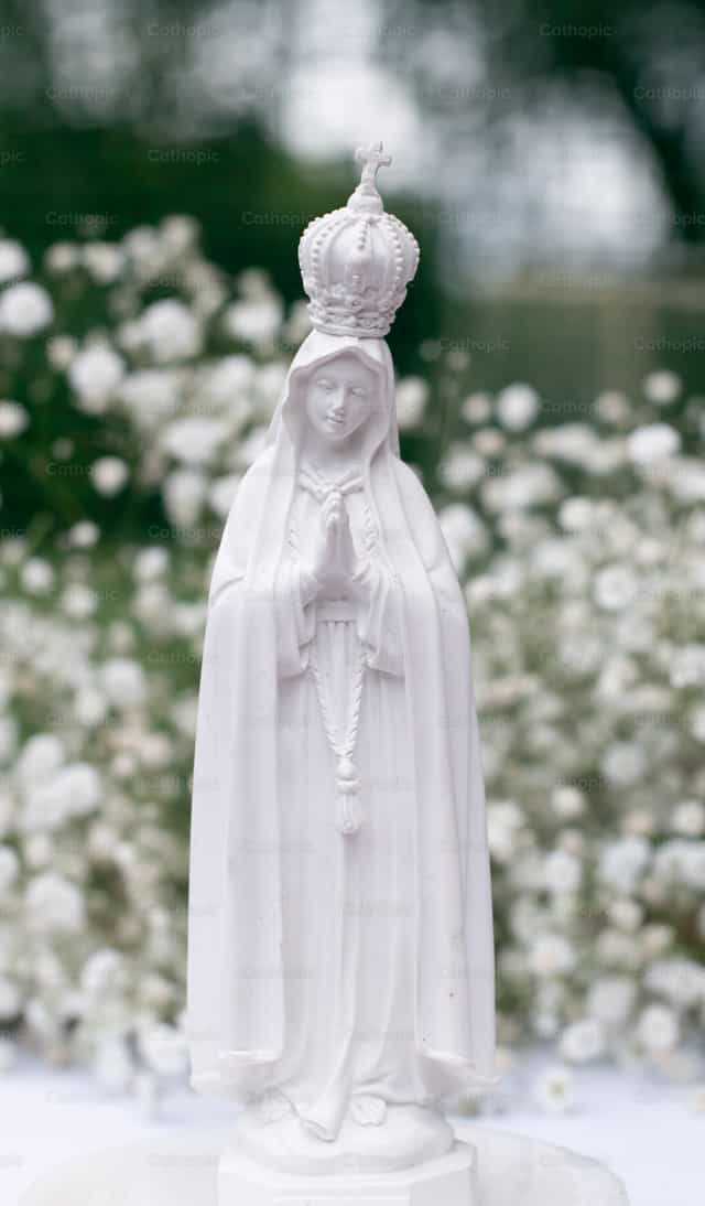 Our Lady of Fátima among white flowers - Catholic stock images - Photo by Carolina BR
