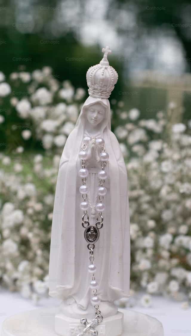 Virgen de Fátima con rosario blanco - Banco de imágenes católicas - Fotografía por Carolina BR