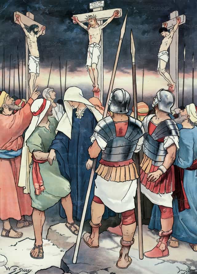 Ukrzyżowali Go, i dwóch innych z Nim, po jednej i po drugiej stronie, a Jezusa pośrodku - Katolickie zdjęcia stockowe - Zdjęcie: Restored Christian Art