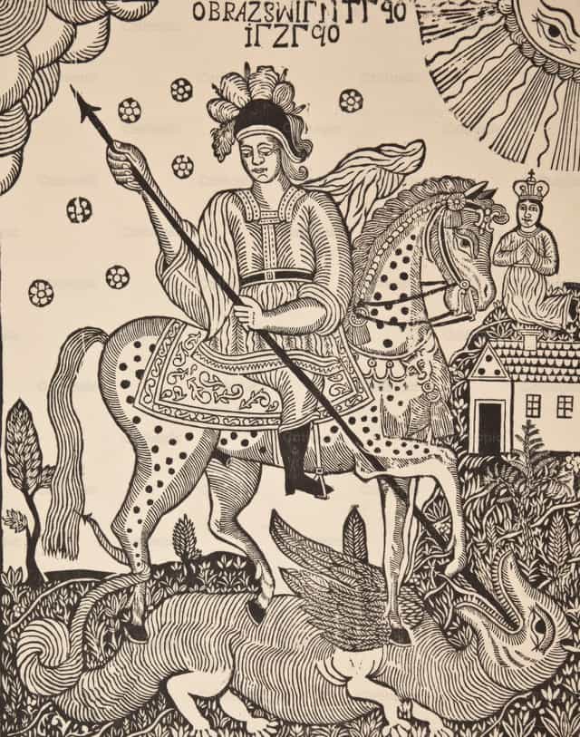 Święty Jerzy zabijający smoka - Katolickie zdjęcia stockowe - Zdjęcie: Restored Christian Art