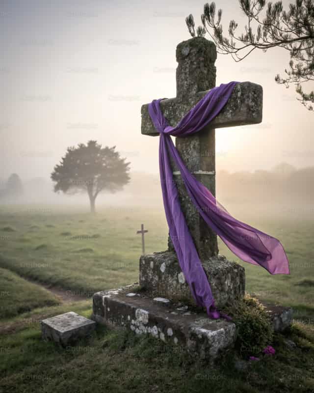 Steinkreuz mit violettem Mantel - Katholische Stockfotos - Foto von God Designer