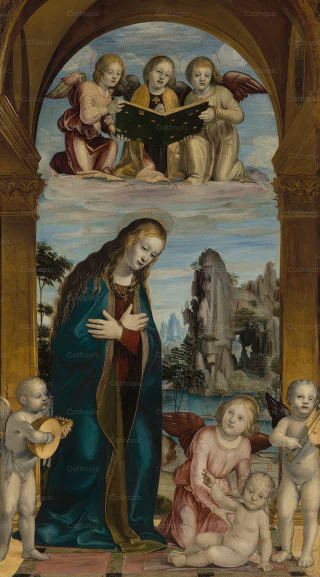 Madonna adorująca Dzieciątko z aniołami muzykującymi - Katolickie zdjęcia stockowe - Zdjęcie: Restored Christian Art