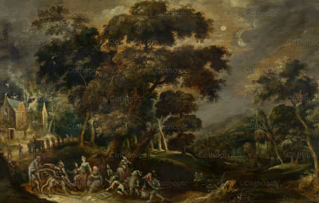 Paysage avec la tentation de saint Antoine le Grand - Images catholiques de stock