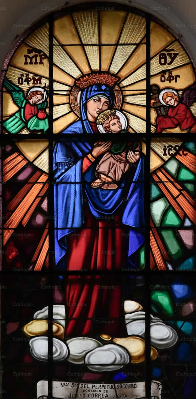 Vetro artistico dell’Immagine della Madonna del Perpetuo Soccorso - Immagini stock cattoliche