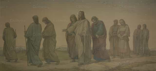Cristo caminhando com os discípulos - Imagens católicas de stock - Foto de Restored Christian Art