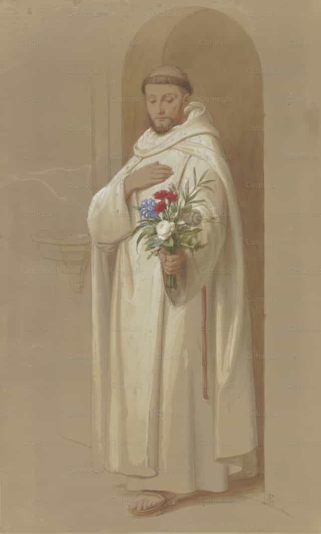 Un monje cartujo con un ramo de flores simbólicas - Banco de imágenes católicas - Fotografía por Restored Christian Art