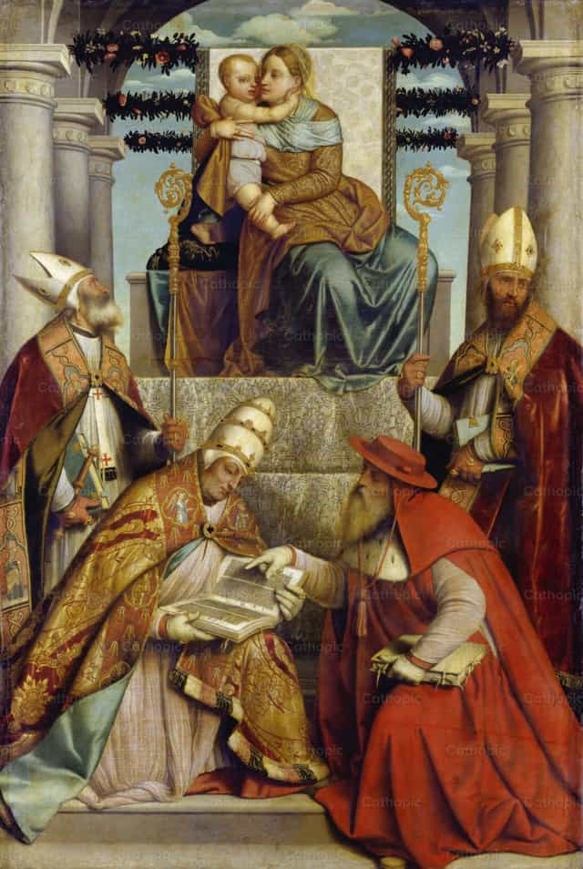 Virgem e Menino em Trono com os Quatro Padres da Igreja Latina - Imagens católicas de stock - Foto de Restored Christian Art