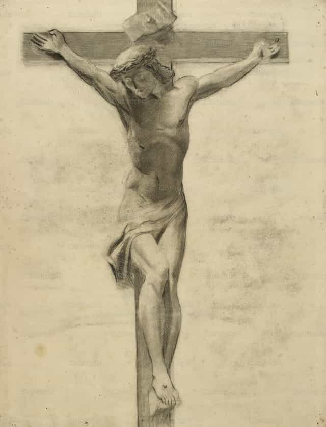 Studie für einen geschnitzten Holz-Kruzifixus: Christus am Kreuz - Katholische Stockfotos - Foto von Restored Christian Art
