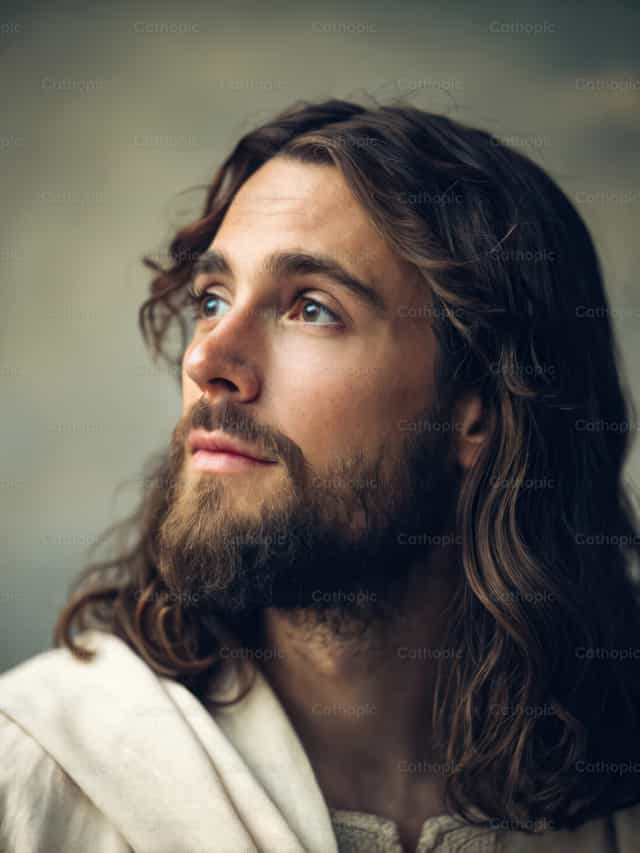 Jésus-Christ regardant vers le ciel, contemplant l’espérance spirituelle - Images catholiques de stock - Photo de Antonio Gravante