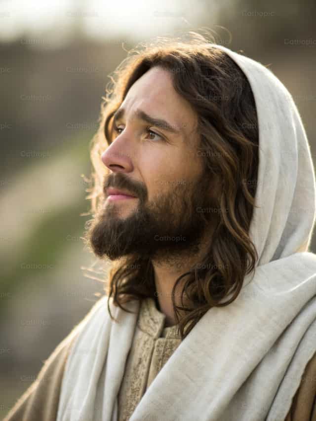 Jesus Christ looking up with hopeful reverence - Catholic stock images