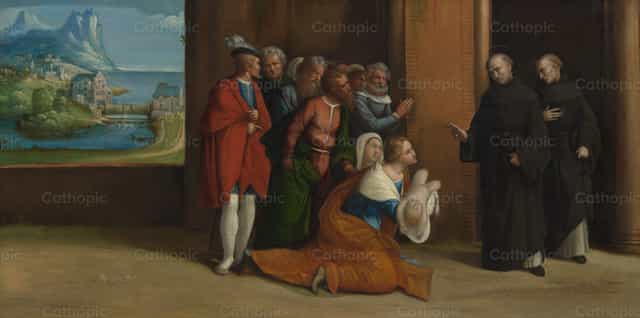 Sint Nicolaas van Tolentino die een kind tot leven wekt - Katholieke stockfoto's - Foto door Restored Christian Art