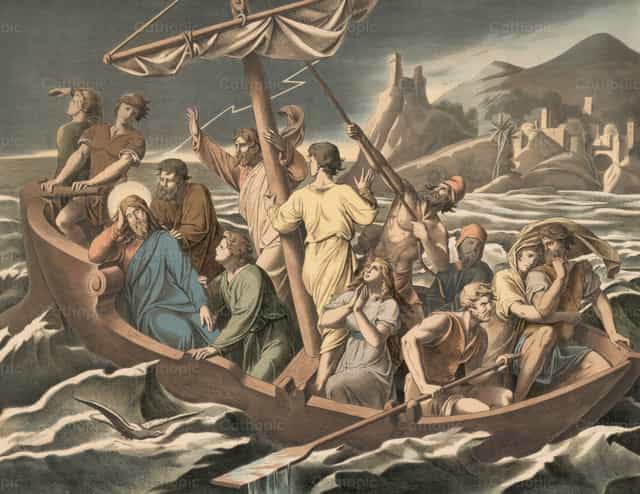 Jesus sleeps during the storm on the lake - Catholic stock images