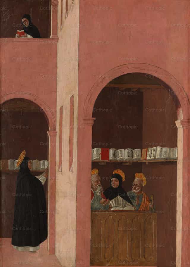 Santo Tomás de Aquino assistido pelos santos Pedro e Paulo - Imagens católicas de stock - Foto de Restored Christian Art