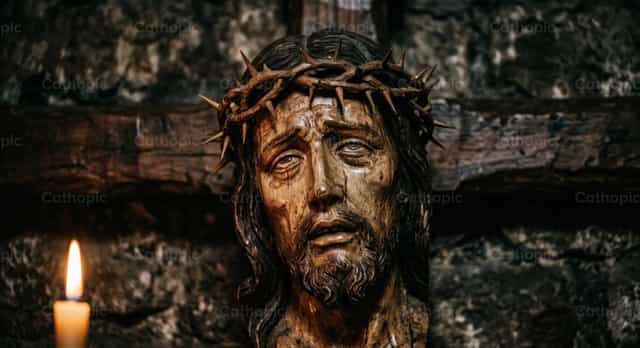 Kruisbeeld met Christus met een doornenkroon - Katholieke stockfoto's - Foto door Clara González-Rojas