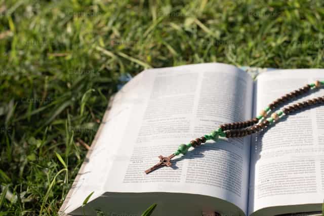 Rosario café sobre Biblia en el césped - Banco de imágenes católicas - Fotografía por Carolina BR