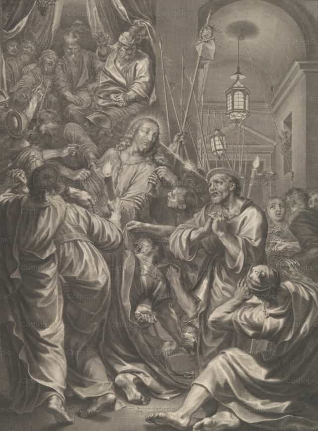 Le Christ avant Caïphe regarde saint Pierre, qui le renie - Images catholiques de stock