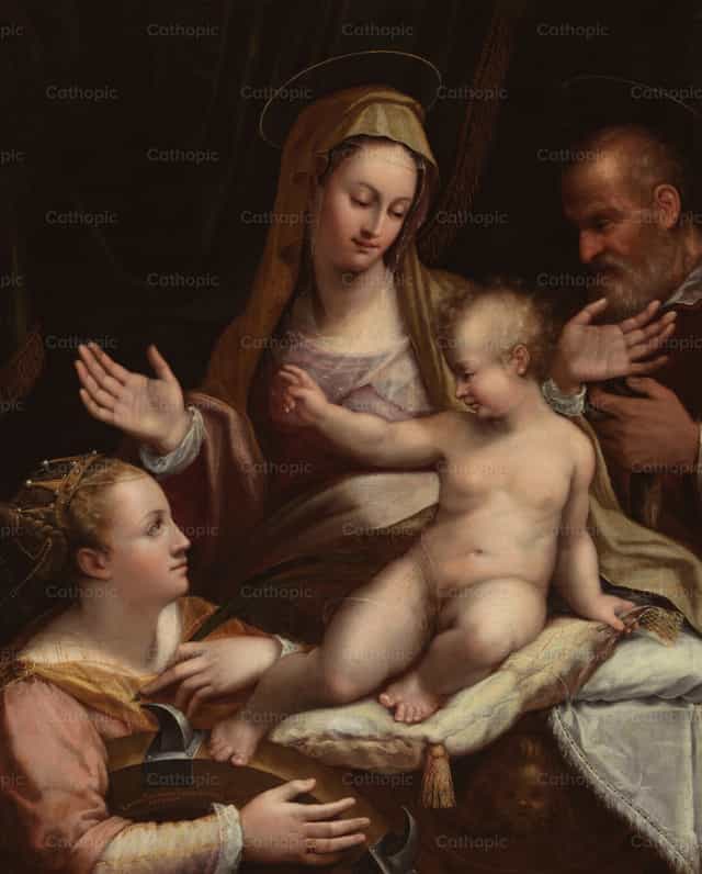 Ang Banal na Pamilya kasama si Santa Catalina ng Alexandria - Mga Catholic stock image