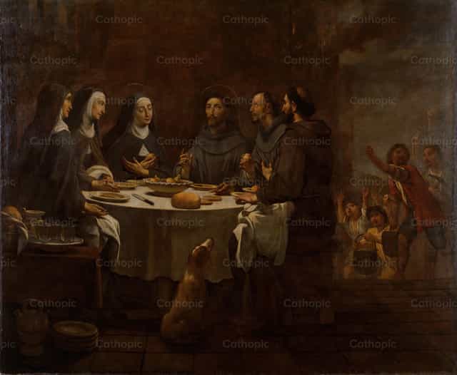 Święty Franciszek i święta Klara przy posiłku w klasztorze św. Damiana - Katolickie zdjęcia stockowe - Zdjęcie: Restored Christian Art