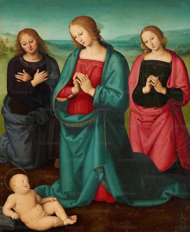 Virgem e Santos Adorando o Menino Jesus - Imagens católicas de stock - Foto de Restored Christian Art