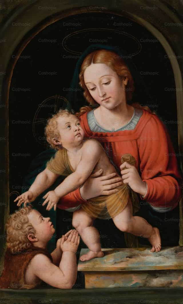 그리스도 아기와 아기 성 요한 세례자를 안고 계신 동정 마리아 - 가톨릭 스톡 이미지