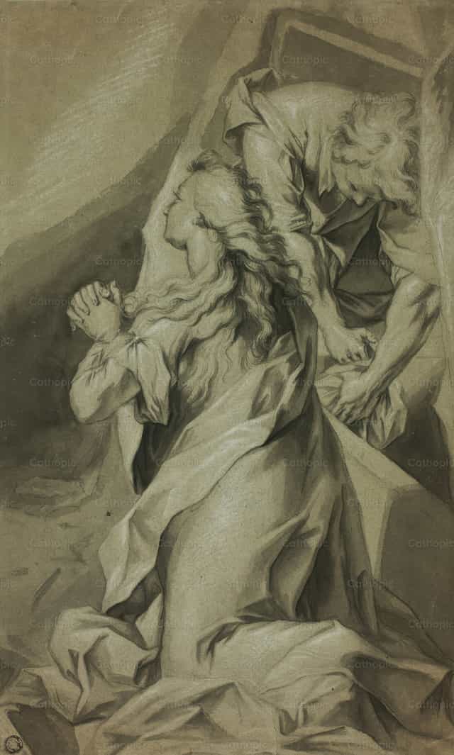 무릎 꿇은 막달라 마리아와 무덤을 지키는 시종 - 가톨릭 스톡 이미지 - 사진 제공 Restored Christian Art