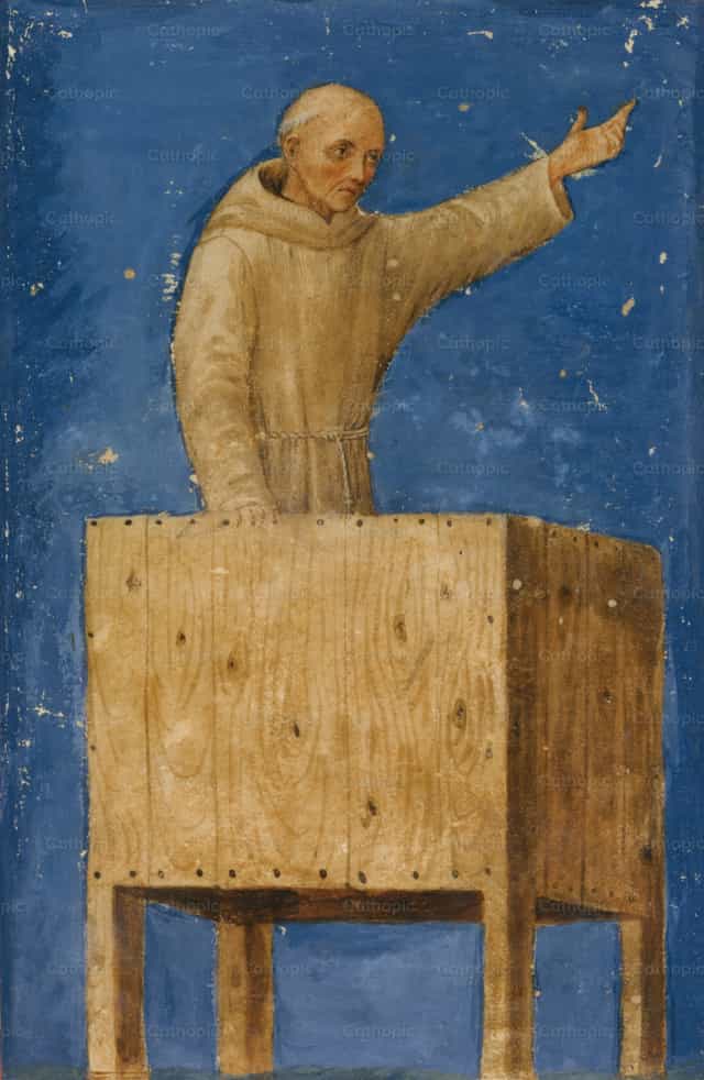 San Bernardino Predicando desde el púlpito - Banco de imágenes católicas - Fotografía por Restored Christian Art