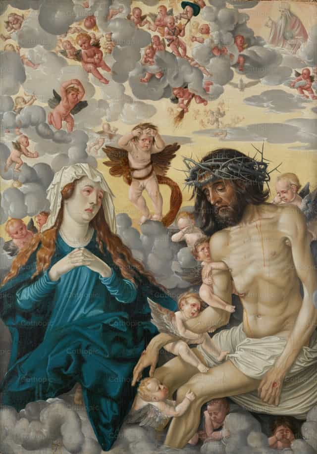 Człowiek boleści, którego opłakują Maryja i aniołowie - Katolickie zdjęcia stockowe - Zdjęcie: Restored Christian Art