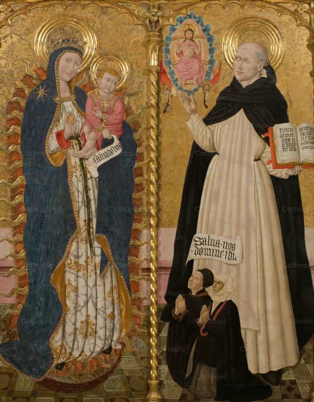 La Virgen del Apocalipsis y San Vicente Ferrer con dos donantes - Banco de imágenes católicas